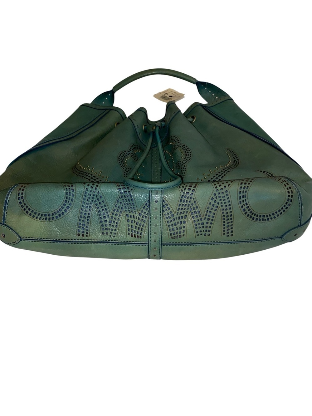 Y2K Vintage Cole Haan Teal Leather Drawstring brass studded Hobo Bag Boho fairy - Picture 13 of 13